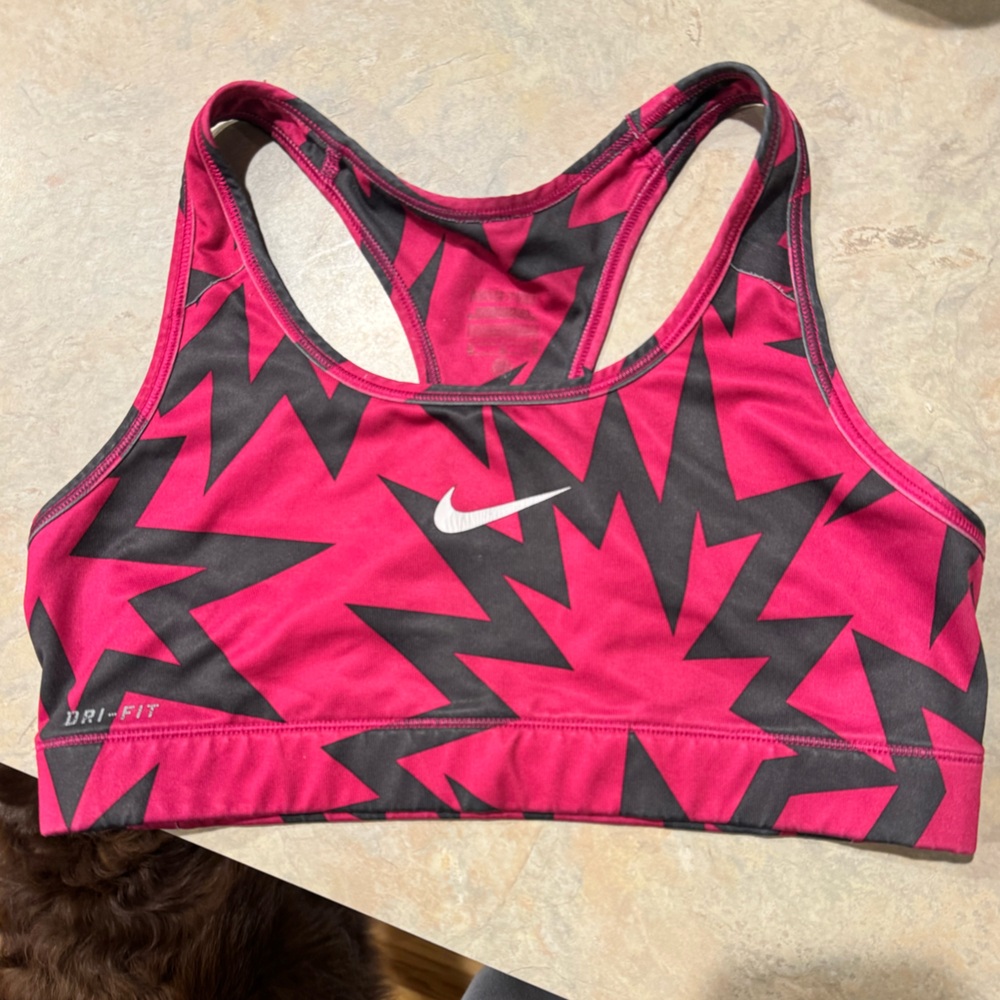 Nike Dri Fit Pink and Grey Medium Sports Bra Y2K